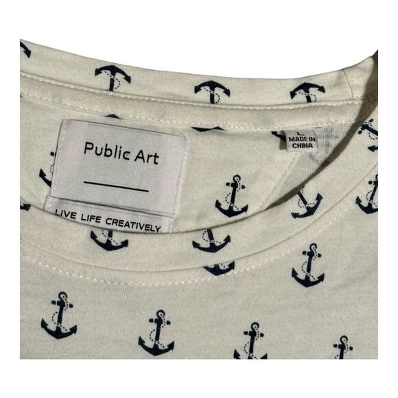 Public Art Men's Anchor Print T-Shirt White Size L Graphic Crew Neck - Picture 2 of 4